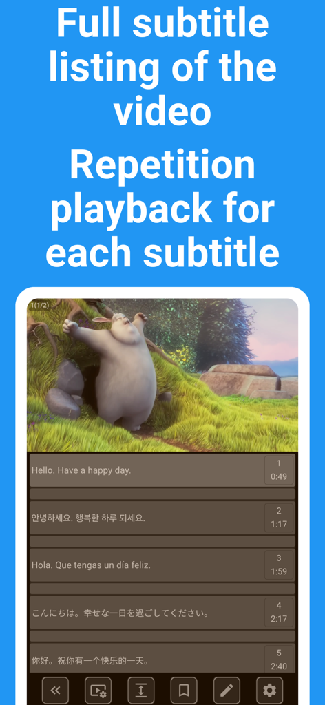 Shadowing Player: Languages - Video player interface showing a multilingual subtitle list with repetition playback features for language learning.