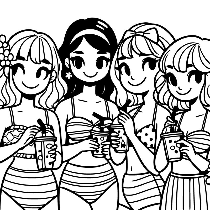 group of girls in bikinis drinking sodas