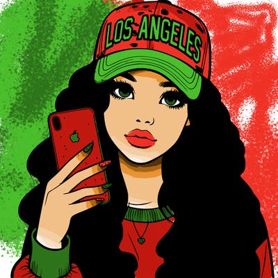 realistic beautiful girl wearing los ángeles cap holding an iphone