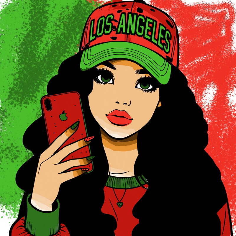 realistic beautiful girl wearing los ángeles cap holding an iphone