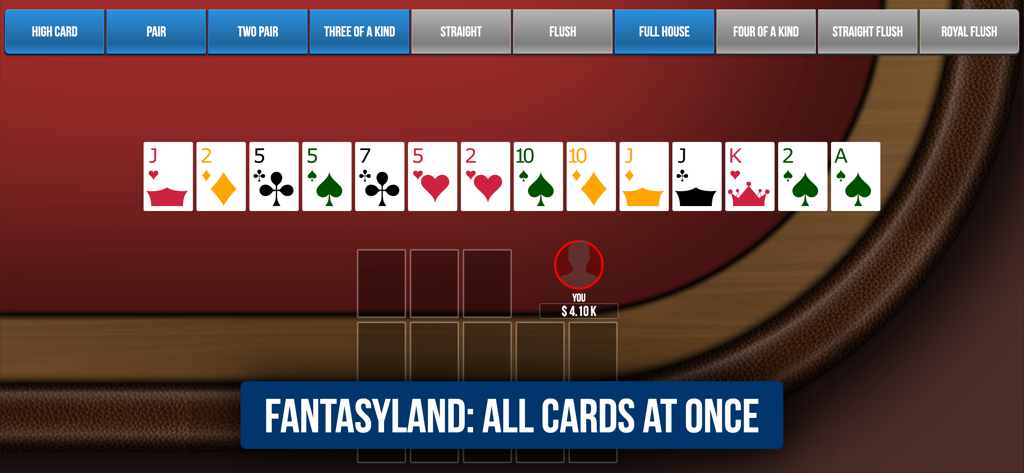 オープンフェイス・チャイニーズポーカー・パイナップルのファンタジーランドボーナスラウンドのスクリーンショット。すべてのカードが一度に配られている様子を示す