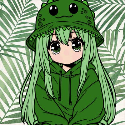 girl with anime shaped eyes with a dinosaur bucket hat oversized sweatshirt long straight hair