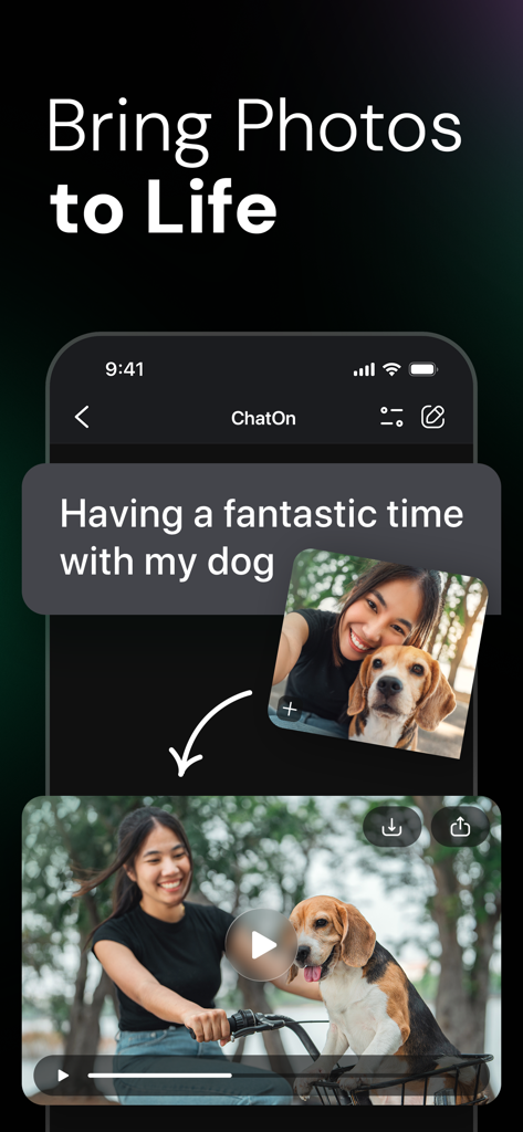 Interfaz de la aplicación ChatOn AI que muestra cómo una foto estática de una mujer y su perro puede ser animada en un video.