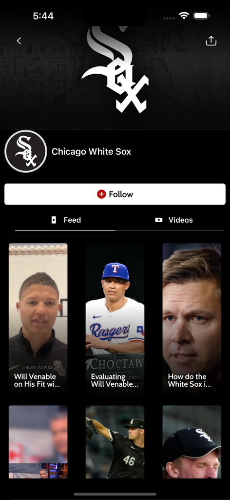 CHSN app interface displaying Chicago White Sox news and video feed