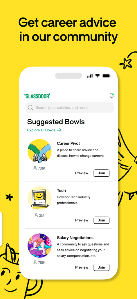 Glassdoor app interface displaying career community bowls for networking and professional advice