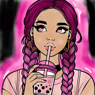 realistic girl with braided hair drinking boba