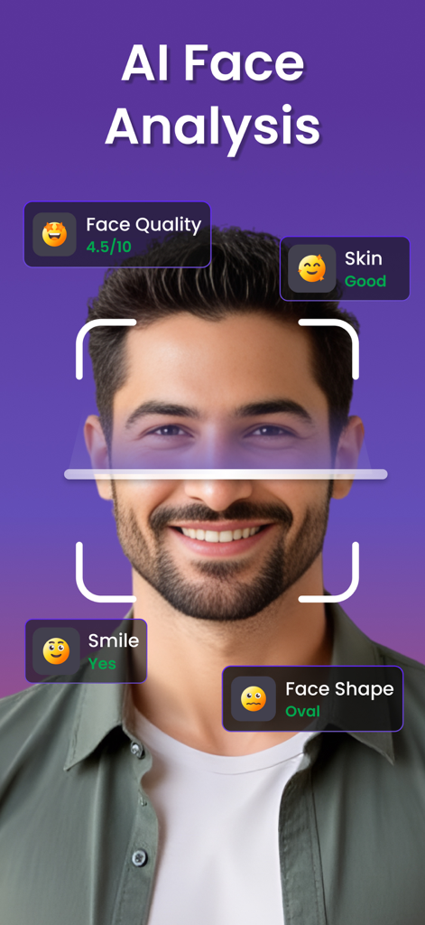 Beauty Scanner: Face Analysis - Interface of Beauty Scanner app performing an AI face analysis on a smiling man