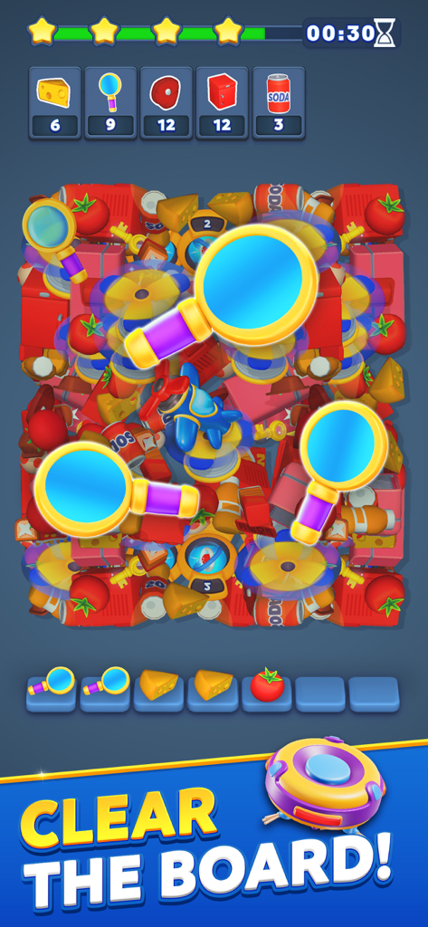 Match Hotel - 3D Puzzle Game - Triple matching 3D objects in Match Hotel game with Clear the Board text.