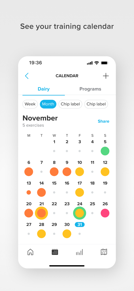 Suunto app training calendar displaying a monthly view of tracked fitness activities and exercises with colored icons
