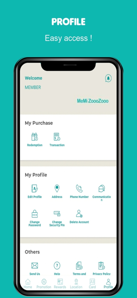 Memi ZoooZooo - User profile screen of the Memi ZoooZooo grocery app showing account options and purchase history.