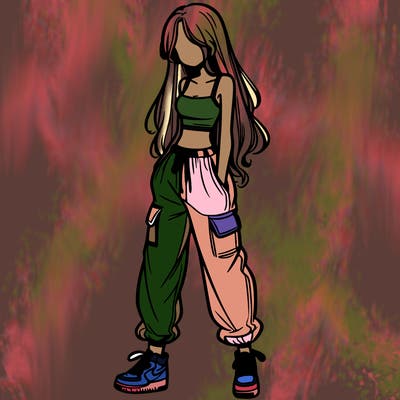 girl in baggy pants crop top and long hair
