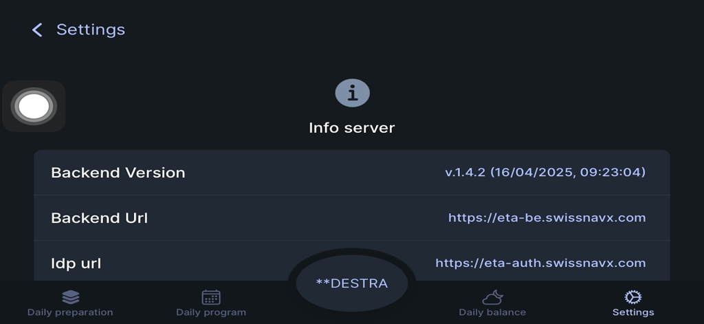 NavX - NavX app settings page showing server information backend version and server URLs