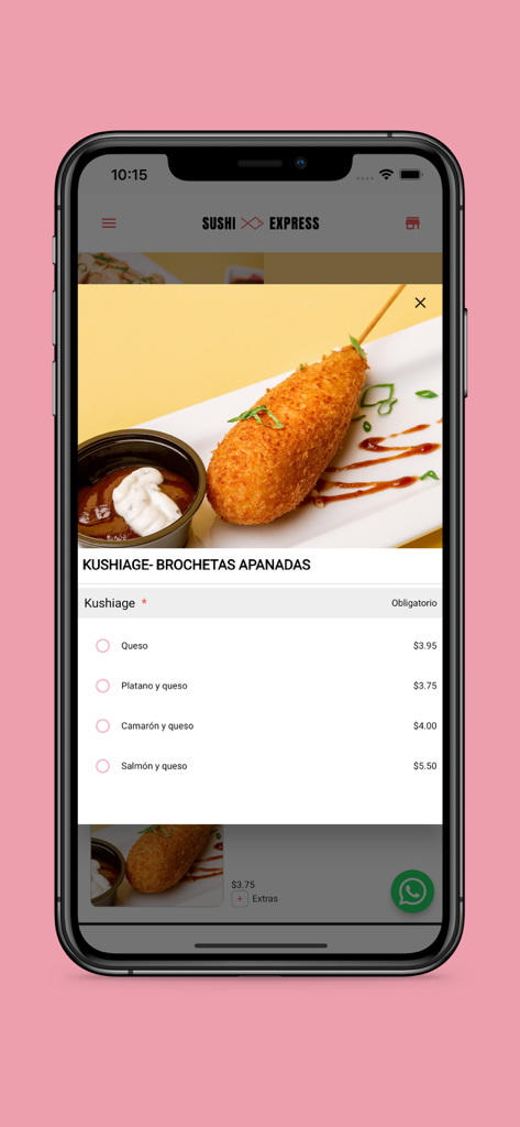 Sushi Express PTY - Sushi Express PTY mobile app interface showing breaded skewer menu options and prices