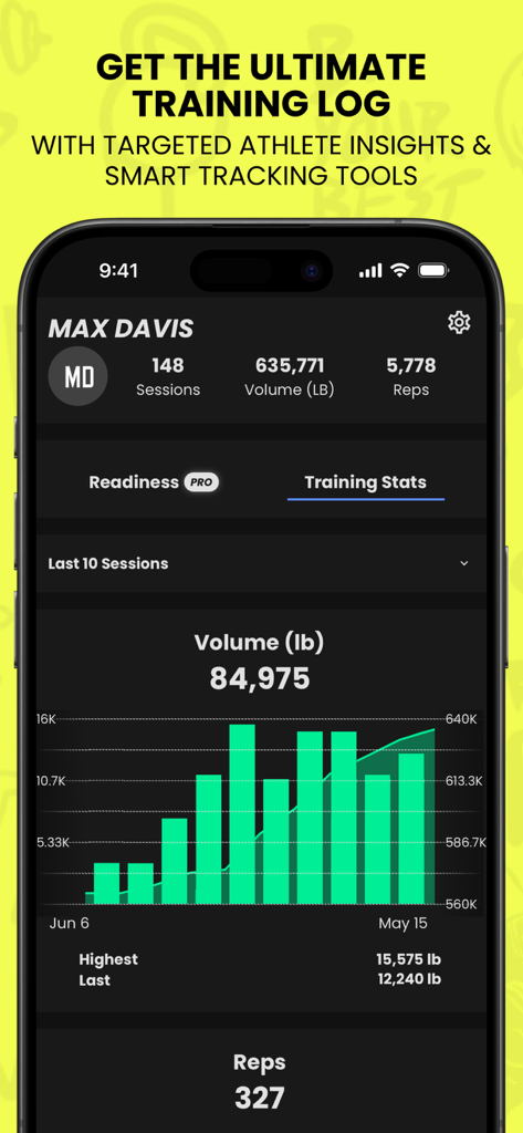 TrainHeroic: Strength Training - Interfaccia dell'app TrainHeroic che mostra le statistiche di allenamento dell'atleta, inclusi il volume totale sollevato, le ripetizioni e un grafico a barre delle sessioni.