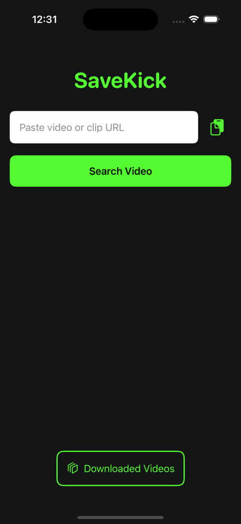 SaveKick mobile app home screen with a video URL input field and a green search button