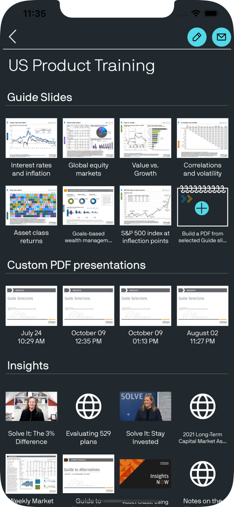 Insights by J.P. Morgan - Interface of the J.P. Morgan Insights app showing market guide slides and custom presentation tools for financial professionals.