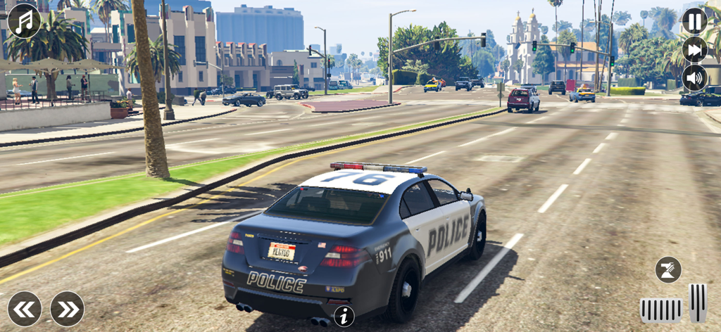 Police Simulator: Car Chase 3D - A 3D police car driving on a sunny city street in Police Simulator Car Chase 3D.