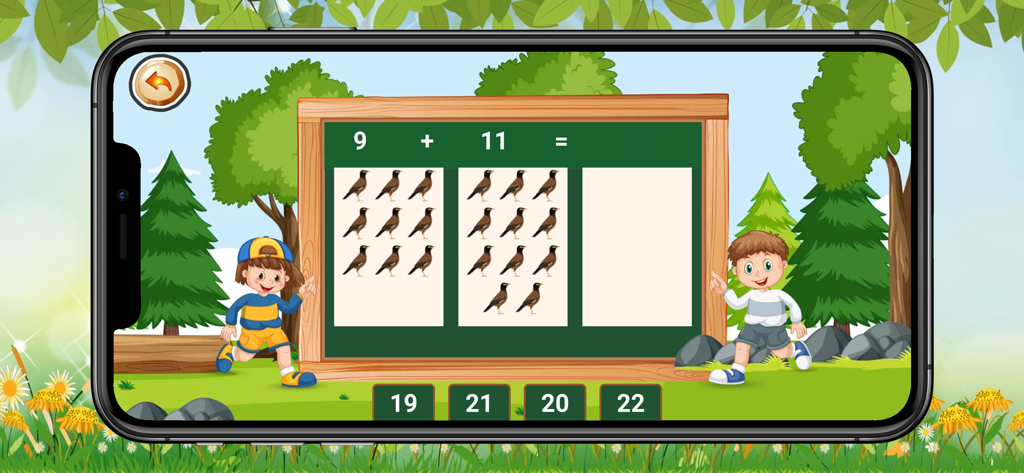 Basic maths learn - An addition problem in the Basic maths learn app featuring bird icons for counting and multiple choice answers.