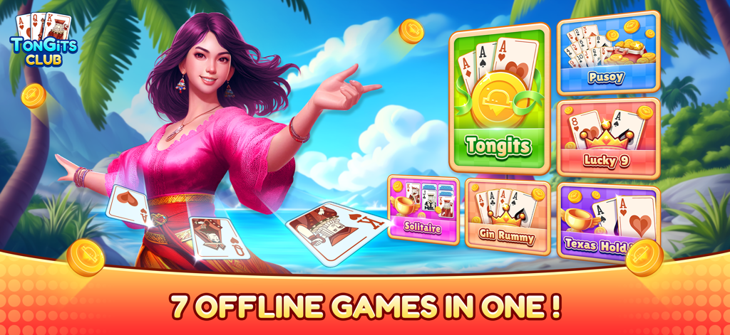 Tongits Club Offline - Tongits Club Offline app promotional banner showing seven different card and board games available for offline play