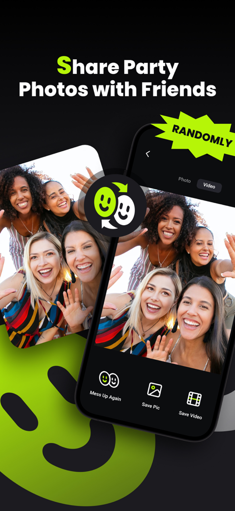 Mobile app interface showing the random face swap feature for a group photo of four friends