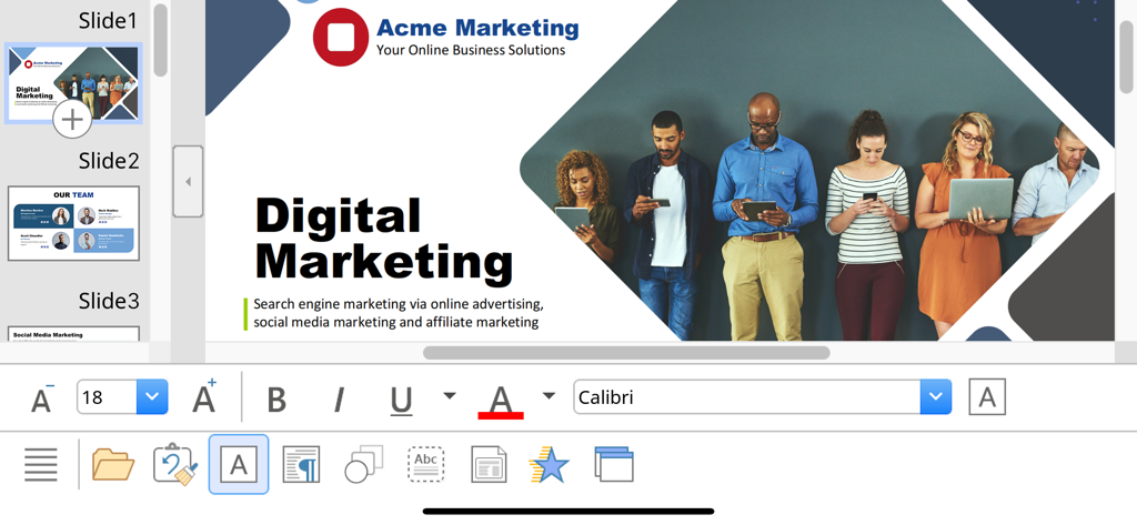 SoftMaker Presentations - SoftMaker Presentations mobile interface showing a digital marketing slide with text editing and formatting tools.
