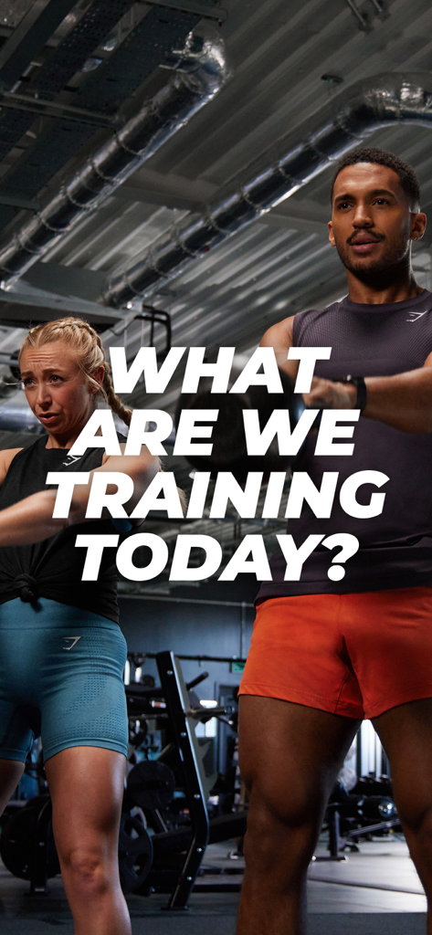 Gymshark Training and Fitness - Ein Mann und eine Frau trainieren im Fitnessstudio mit dem Text: Was trainieren wir heute?