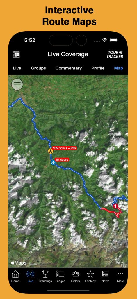 Carte interactive du parcours par satellite montrant les positions des coureurs en direct et les écarts de temps sur l'application Tour Tracker Pro Cycling.