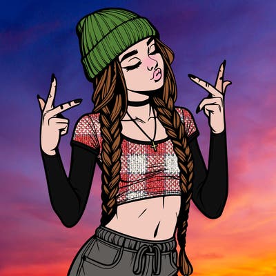 realistic teenage girl with braids and a beanie and crop top doing 🫶🏼