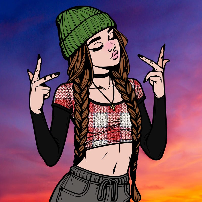realistic teenage girl with braids and a beanie and crop top doing 🫶🏼