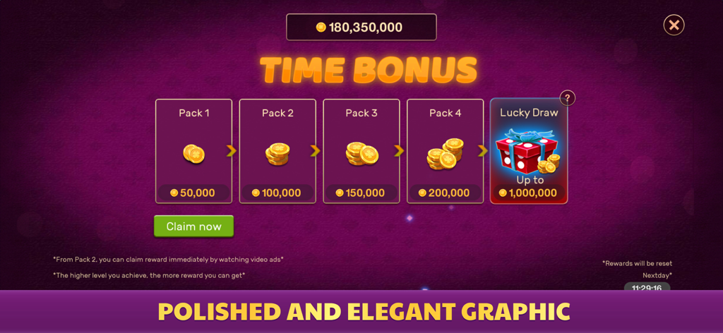 Chinese Poker - Pusoy Offline - Schermata di bonus temporale e ricompense che mostra pacchetti di monete e una scatola regalo a estrazione fortunata nell'app Pusoy Cinese Offline.