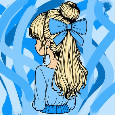 realistic girl  with hip length hair a bun and a big bow on the back of head
