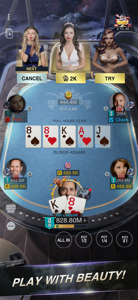 Holdem or Foldem: Texas Poker のポートレートモードでのゲームプレイ画面。プレイヤーとベットオプションが表示されたポーカーテーブルが表示されています。
