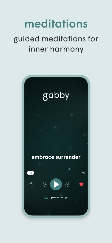 Tela do celular mostrando o player de meditação guiada no aplicativo Gabby com o título Abrace a Rendição