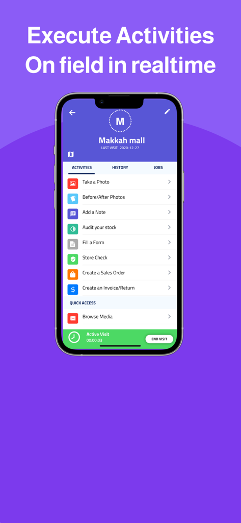 Repzo Pro - Repzo Pro mobile app interface showing a list of field activities like stock audit and sales orders.