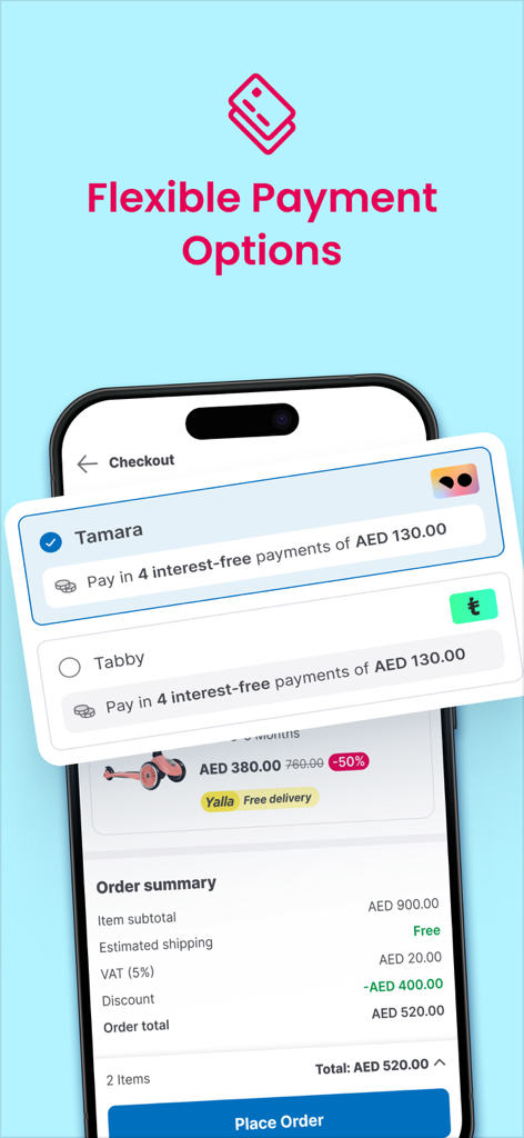 Mumzworld - Pantalla de pago de la aplicación móvil Mumzworld que muestra opciones de pago flexibles sin intereses, incluyendo Tamara y Tabby