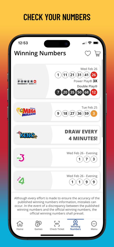Kentucky Lottery app interface showing winning numbers for Powerball Mega Millions and Keno