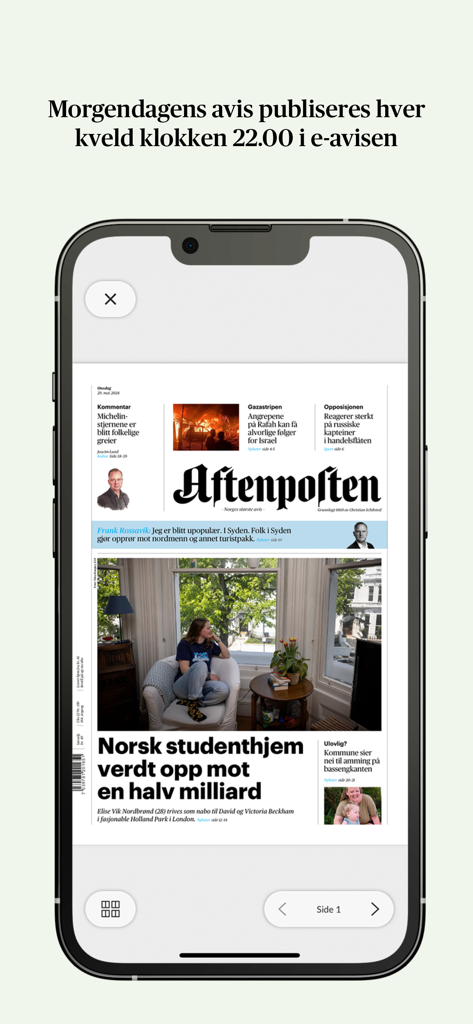 Uno smartphone che mostra la replica digitale della prima pagina del giornale Aftenposten.