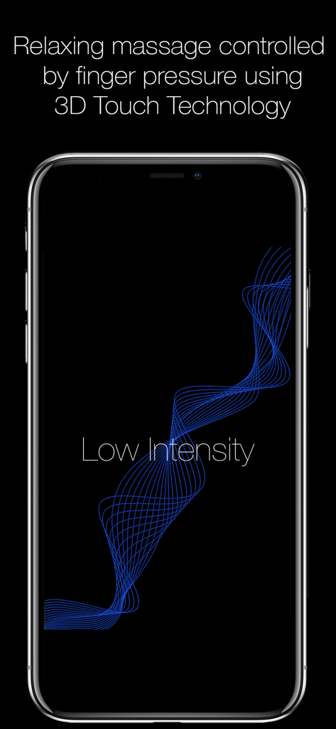 3D Massage app interface showing low intensity vibration level with blue wave graphics