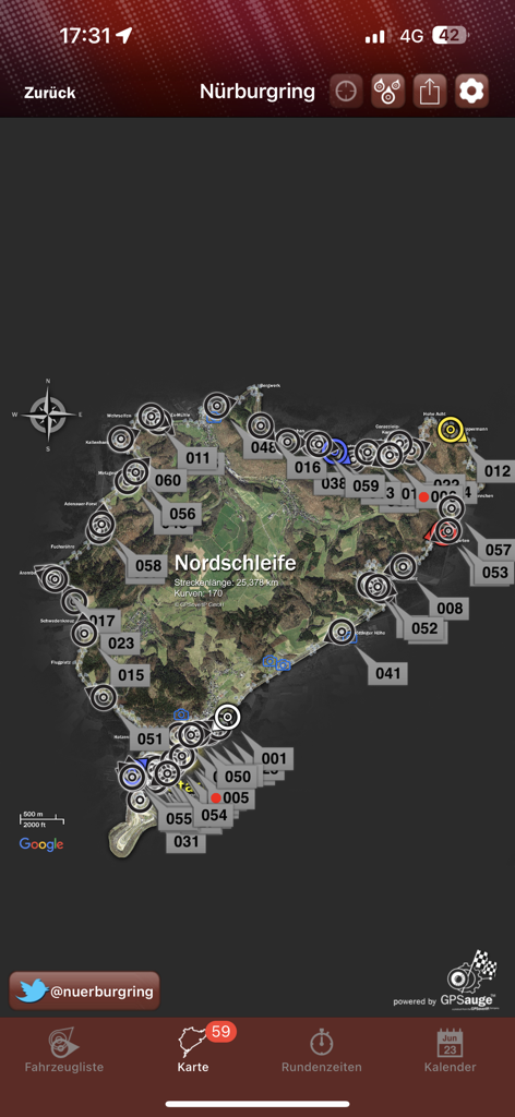 Racing App - Rastreamento GPS ao vivo de veículos no mapa da pista Nürburgring Nordschleife.