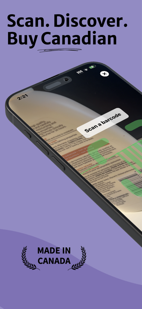 Canada Made - A smartphone using the Canada Made app to scan a product barcode to verify if it is made in Canada.