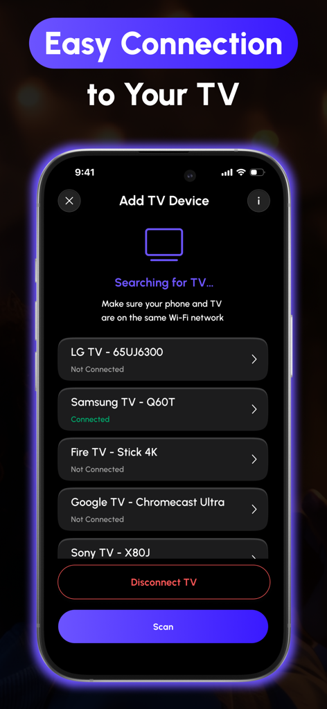 Universal TV Remote Control ‎ - Una pantalla de smartphone mostrando la aplicación Control Remoto Universal de TV buscando y conectándose a múltiples marcas de Smart TV como Samsung y LG a través de Wi-Fi.