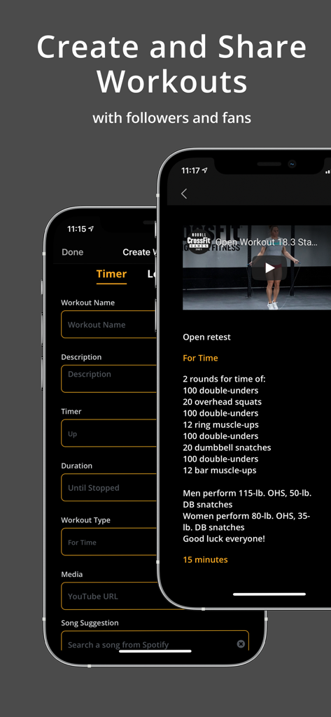 WeTime - Fitness Video Timer - Interfaz de la aplicación WeTime para crear y compartir entrenamientos de CrossFit con listas detalladas de ejercicios y miniaturas de video