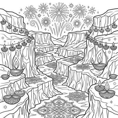 Journey to an extraordinary world where ancient glacial canyons meet the vibrant celebration of Diwali. This unique coloring page blends rugged natural beauty with the dazzling artistry of festive lights, rangoli, and fireworks.