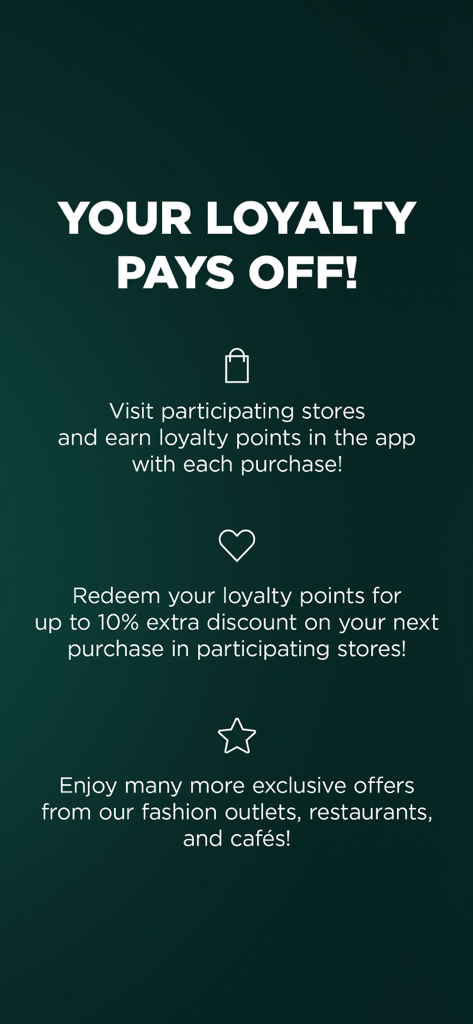 Premier Outlet Budapest - 프리미어 아울렛 부다페스트 앱 화면, 포인트 적립 및 할인 사용 포함 로열티 프로그램 혜택 표시