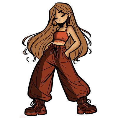 girl in baggy pants crop top and long hair
