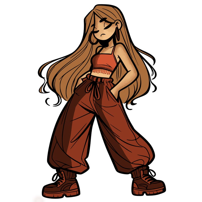 girl in baggy pants crop top and long hair