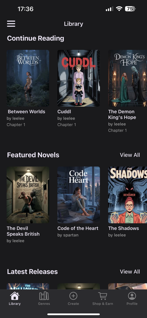 Jupi Novels & Booktok - Der Bibliotheksbildschirm der Jupi Novels App zeigt empfohlene Buchcover und einen Abschnitt "Weiterlesen".