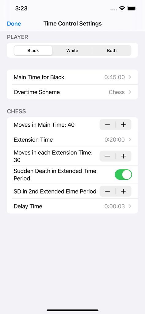 Game Clock (Chess, Go, Shogi) - Interfaz que muestra la configuración de control de tiempo para una partida de ajedrez en la aplicación Game Clock.