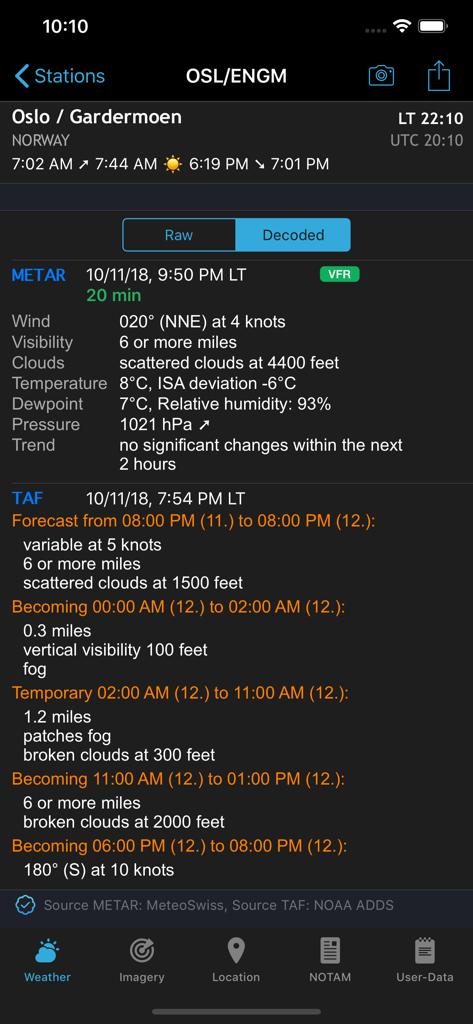 AeroWeather Pro - AeroWeather Pro app interface showing decoded METAR and TAF aviation weather data.