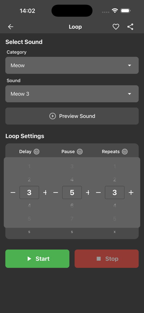 Cat Sounds - Meow Soundboard - Interface of the Cat Sounds app showing loop settings with adjustable delay, pause, and repeats for a meow sound.